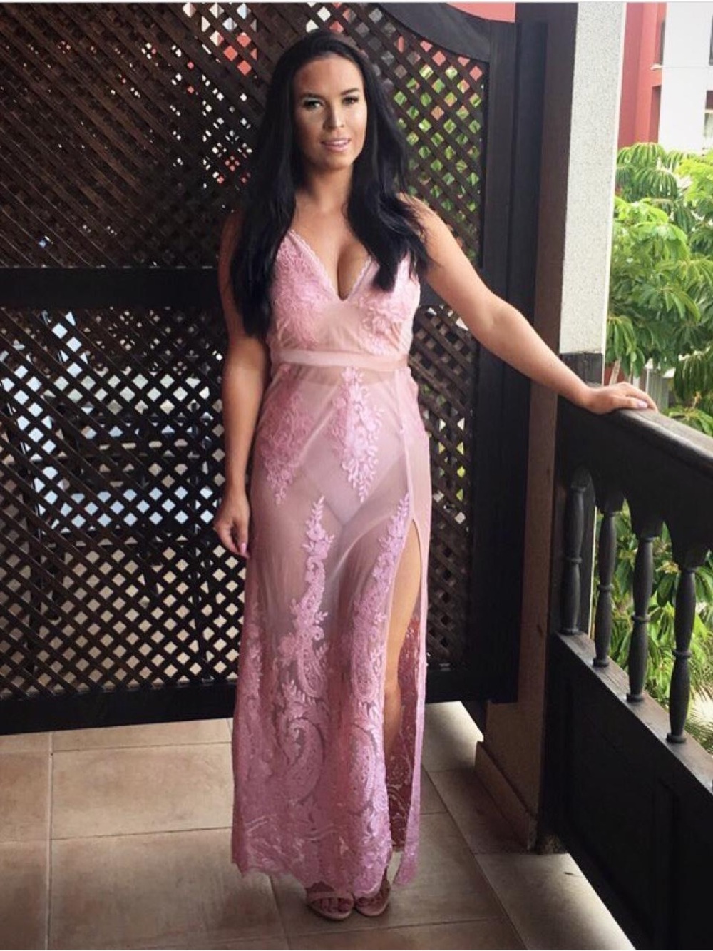 House of CB Blush Pink Lace Maxi Dress with V-Neck and High Slit